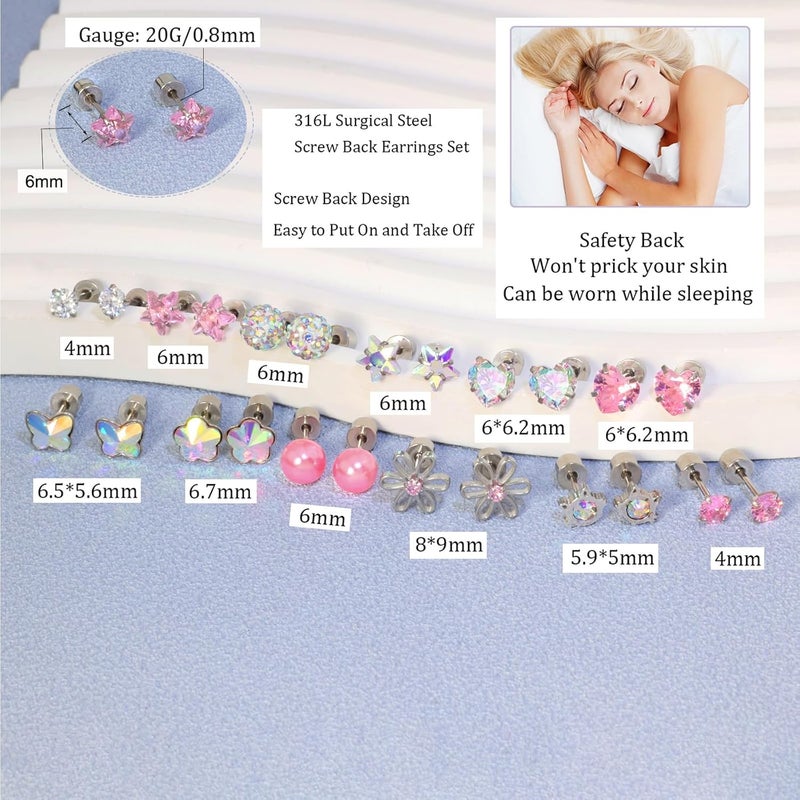 DALI 12 Pairs Toddler Earrings,Hypoallergenic Titanium Screw Back Earrings for Girls Women,Surgical Stainless Steel Cute Flower Pearl Star Cubic Zirconia Flat Back Stud Earrings for Sensitive Ears - Image 2